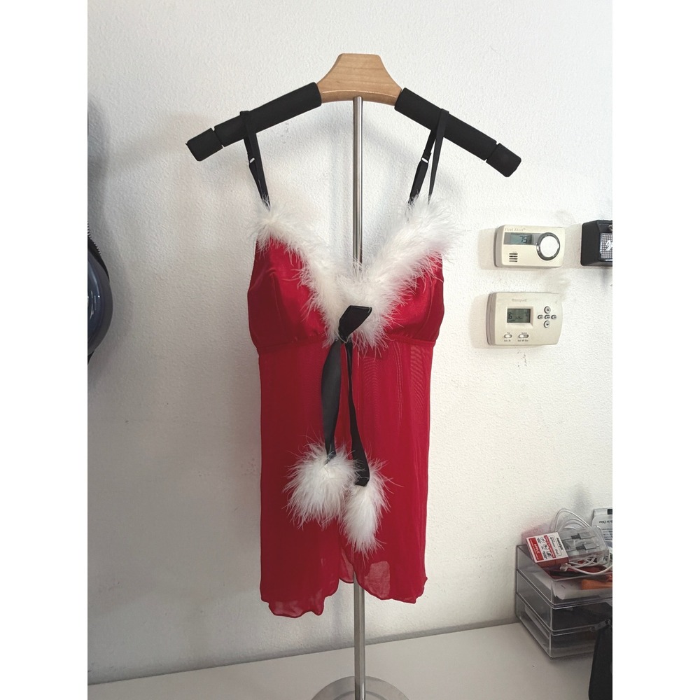 Passion Forever Red Christmas Babydoll Chemise Faux Fur Trim Pom Pom Medium
